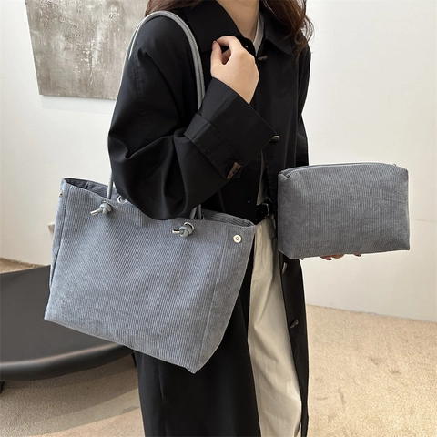 Corduroy Tote Bag Large Capacity Casual Shoulder Handbag With Matching Inner Pouch Vintage Minimalist Style Women