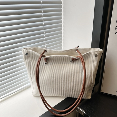 Corduroy Tote Bag Large Capacity Casual Shoulder Handbag With Matching Inner Pouch Vintage Minimalist Style Women