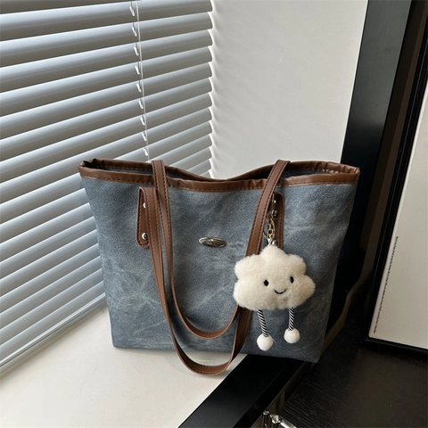 Borsa Tote Grande Capacità Donna Retro in Denim Lavato Tela Pelle PU Patchwork Borsa a Spalla Casual Ufficio Lavoro Con Simpatico Ciondolo Nuvola
