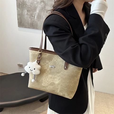Borsa Tote Grande Capacità Donna Retro in Denim Lavato Tela Pelle PU Patchwork Borsa a Spalla Casual Ufficio Lavoro Con Simpatico Ciondolo Nuvola