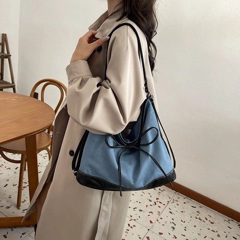 Damen Schultertasche Große Kapazität Denim Canvas Und Leder Patchwork Schleife Deko Retro Pendler Tote Handtasche