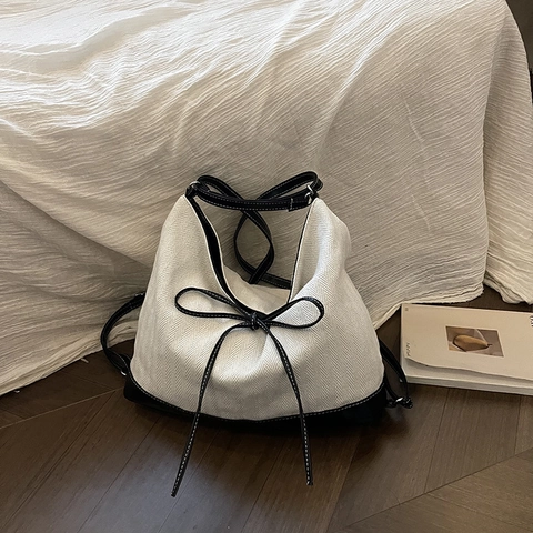 Damen Schultertasche Große Kapazität Denim Canvas Und Leder Patchwork Schleife Deko Retro Pendler Tote Handtasche