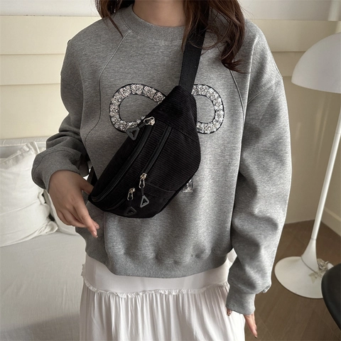 Women Casual Corduroy Waist Bag Fashion Solid Color Large Capacity Chest Bag Sports Cycling Crossbody Small Bag Ladies
