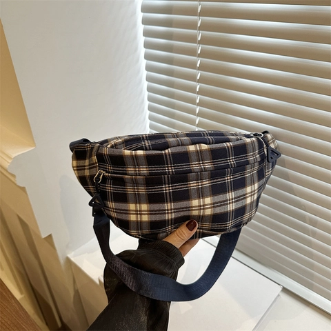 Checkered Plaid Chest Bag For Women Nylon Crossbody Waist Pack Adjustable Strap Casual Streetwear Fanny Pack Fashion