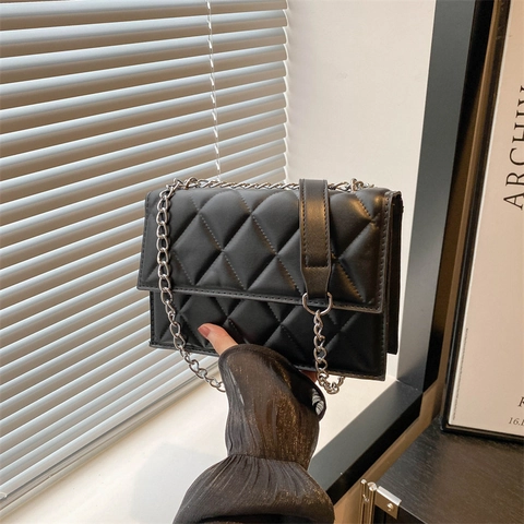 Women Quilted Rhombic Underarm Bag PU Leather Metal Chain Strap Crossbody Small Square Bag Fashion Daily Shoulder Bag