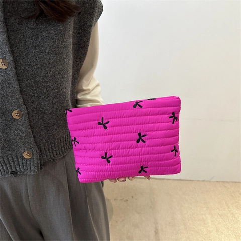Gesteppte Nylon Kosmetiktasche Mit Schleife Damen Reißverschluss Clutch Trendige Tragbare Make-up Aufbewahrungstasche