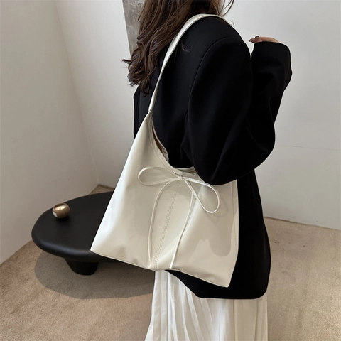 Urban Minimalistisch PU Leder Große Kapazität Tragetasche Für Damen Retro Schleife Dekor Schultertasche Pendeln Bag
