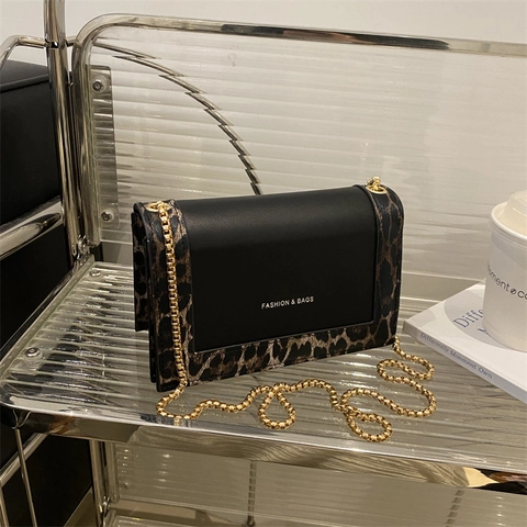 Borsa Donna Quadrata in Pelle PU Maculata Con Tracolla a Catena Dorata Borsa a Spalla alla Moda per Uso Quotidiano