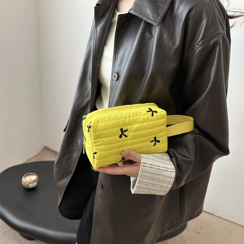 Quilted Nylon Makeup Bag With Bow Embroidery Portable Travel Cosmetic Storage Pouch Handheld Zipper Organizer For Women