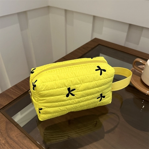 Quilted Nylon Makeup Bag With Bow Embroidery Portable Travel Cosmetic Storage Pouch Handheld Zipper Organizer For Women