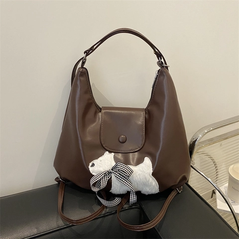 Borsa A Spalla Da Donna Pelle PU Toppa Cane Peluche Fiocco A Quadretti Retro Carina Borsa Sottobraccio Shopping Casual