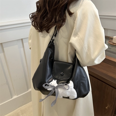 Borsa A Spalla Da Donna Pelle PU Toppa Cane Peluche Fiocco A Quadretti Retro Carina Borsa Sottobraccio Shopping Casual