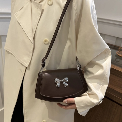 Bolso de Hombro con Lazo de Cuero PU para Mujer Moda Minimalista Color Sólido Bolso Bandolera Elegante para Mujer