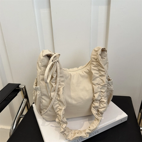Borsa a Spalla Donna Pieghe Minimalista Nylon Borsa a Tracolla Tote Con Fiocco Coulisse Tinta Unita Casual Borsa a Mano