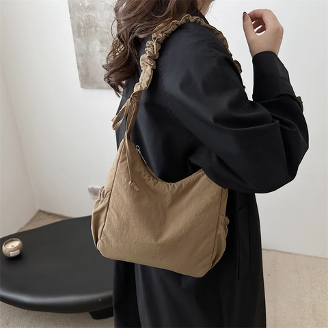 Borsa a Spalla Donna Pieghe Minimalista Nylon Borsa a Tracolla Tote Con Fiocco Coulisse Tinta Unita Casual Borsa a Mano