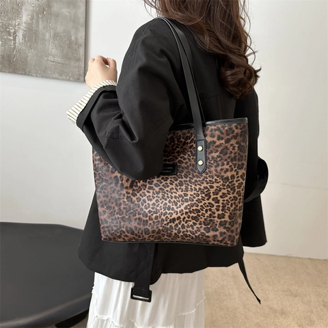 Borsa Tote Vintage con Stampa Leopardata Donna Grande Capacità Pelle PU Borsa a Tracolla Moda Pendolare Handbag Chiusura a Cerniera Leopard Pattern Bag
