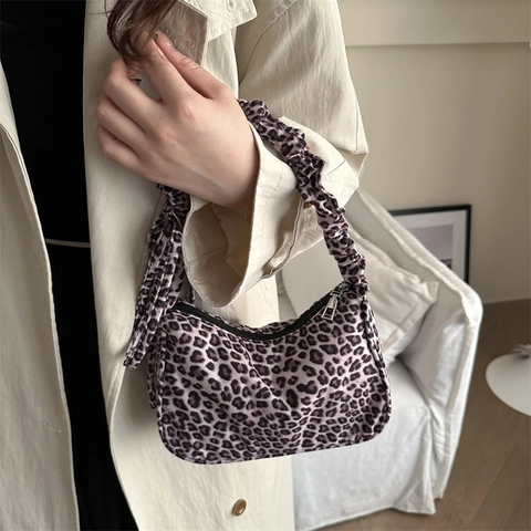 Borsa A Spalla Con Stampa Leopardata Da Donna Moda Nylon Borsa Sottobraccio Hobo Con Tracolla Arricciata E Fiocco