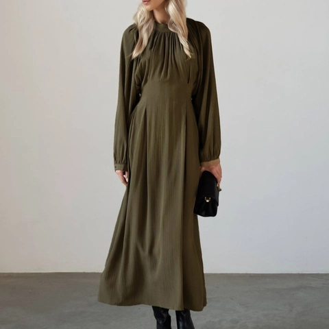 Französisches Elegantes Plissee Maxikleid Lange Laternenärmel Rundhals Bindegürtel Viskose Nylon Einfarbig A-Linie