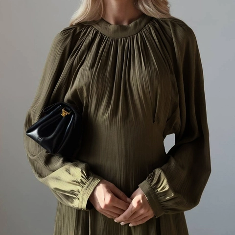 Französisches Elegantes Plissee Maxikleid Lange Laternenärmel Rundhals Bindegürtel Viskose Nylon Einfarbig A-Linie