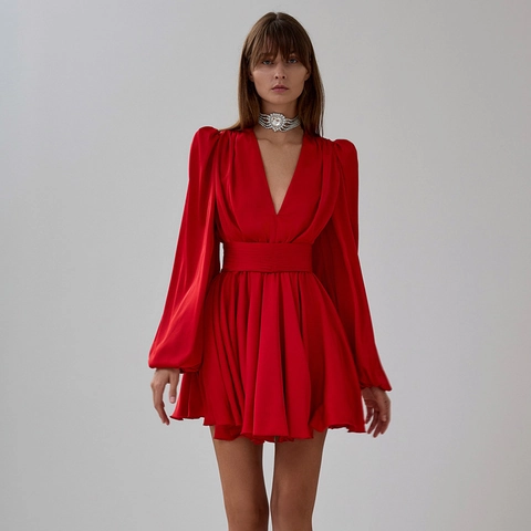 Damen Rotes Französisches Satin Minikleid V-Ausschnitt Lange Laternenärmel Plissierte Taille Elegante Party A-Linie Stil