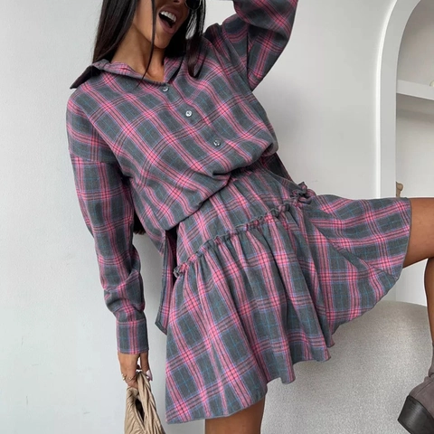 Tailleur Jupe à Carreaux pour Femmes Polyester Revers Chemise à Manches Longues et Jupe Plissée Ensemble Deux Pièces Décontracté