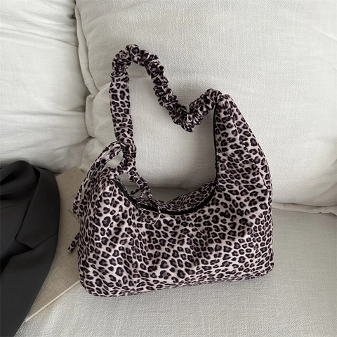 Borsa a Spalla con Stampa Leopardata e Tracolla Increspata da Donna Borsa Hobo in Nylon Vintage Borsa Sottobraccio con Fiocco Decorazione Moda Casual