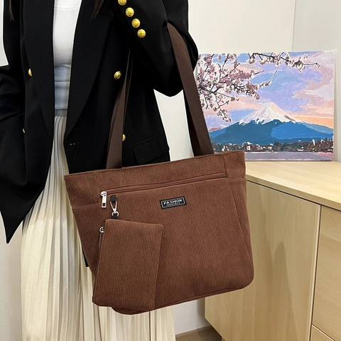 Women Corduroy Tote Bag Large Capacity Shoulder Bag With Detachable Pouch Fashion Instinct Label Casual Daily Handbag