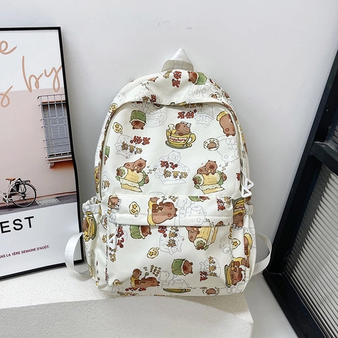Kawaii Cartoon Capybara Print Waterproof Nylon Backpack Large Capacity Casual School Bag For Women Girls Laptop Student Travel