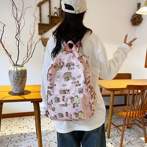 Kawaii Cartoon Capybara Print Waterproof Nylon Backpack Large Capacity Casual School Bag For Women Girls Laptop Student Travel