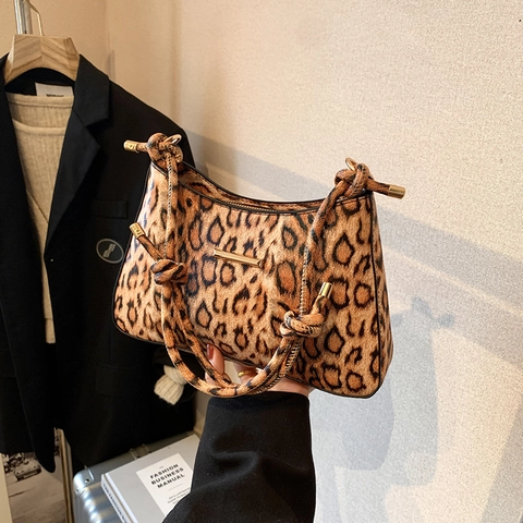 Women's Vintage Leopard Print Underarm Bag PU Leather Shoulder Bag With Knot Strap Gold Metal Decoration Fashion Hobo Bag