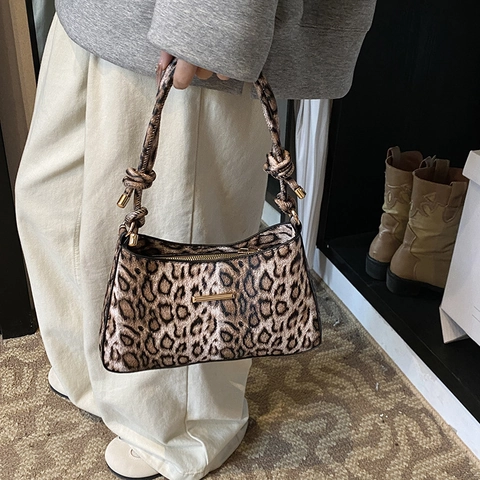 Women's Vintage Leopard Print Underarm Bag PU Leather Shoulder Bag With Knot Strap Gold Metal Decoration Fashion Hobo Bag