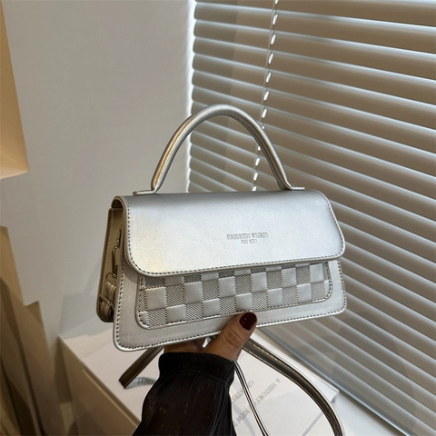 Borsa a Spalla da Donna in Pelle PU Motivo a Scacchi Stampa Lettere Borsa Quadrata Baguette a Tracolla Con Tracolla Singola