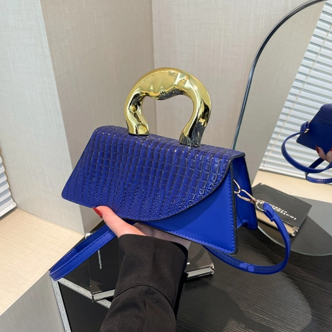 Women's Fashion Crocodile Pattern PU Leather Handbag With Irregular Golden Metal Handle Small Square Shoulder Crossbody Bag