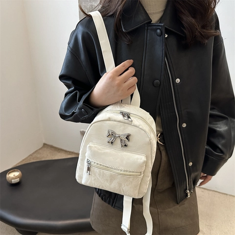 Zaino Mini alla Moda con Fiocco per Donna Stile Coreano in Pelle PU Increspata Grande Capacità Borsa da Viaggio Casual per Studenti