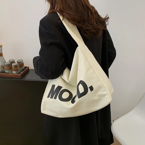 Canvas Tote Bag For Women Large Capacity Letter Print Minimalist Shoulder Bag Solid Color Casual Crossbody Bag Handbag