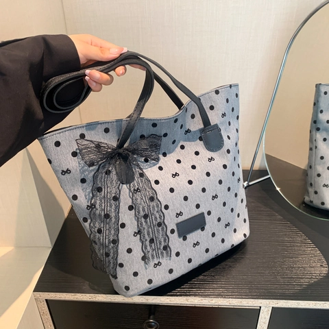 Large Capacity Tote Bag PU Leather And Fabric Polka Dot Heart Print Lace Bow Decor Chic Commuter Shoulder Handbag For Women