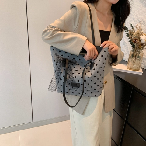 Large Capacity Tote Bag PU Leather And Fabric Polka Dot Heart Print Lace Bow Decor Chic Commuter Shoulder Handbag For Women