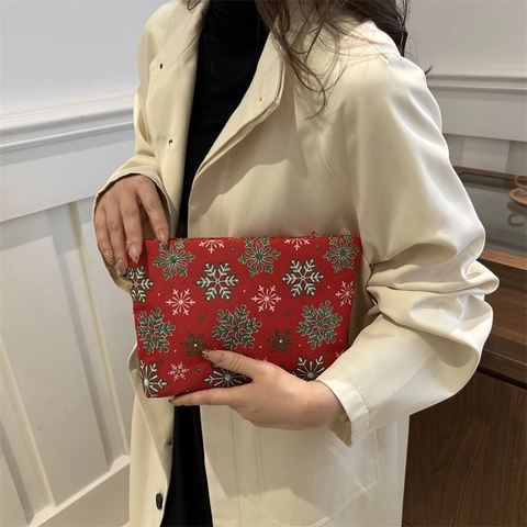 Trousse à Maquillage PU Rouge Sapin de Noël et Flocon de Neige Pochette de Rangement Cosmétique de Fête Voyage Cadeau Femme