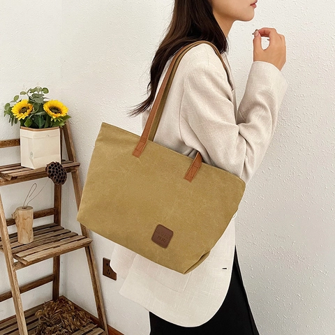 Borsa Tote in Tela Casual da Donna Grande Capacità Borsa a Tracolla Con Manici in Pelle PU Minimalista Tinta Unita Pendolare