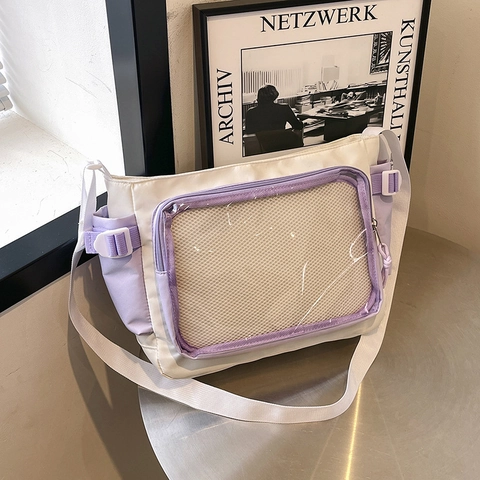 Sac Ita en Nylon Avec Fenêtre en PVC Transparente pour Femme Style Preppy Messenger Sac Bandoulière Cabas Poche en Filet