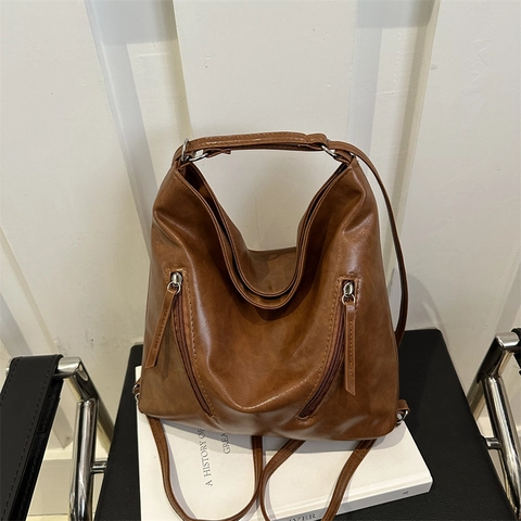 Women Retro PU Leather Large Capacity Tote Bag Multi-functional Shoulder Crossbody Bag With Plush Charm For Daily Use