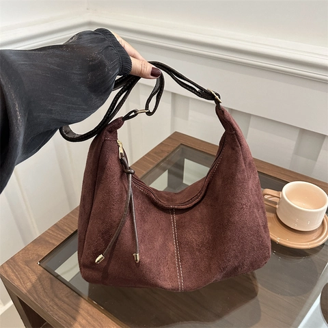 Damen Vintage PU Umhängetasche Wildleder-Optik Kontrastnähte Große Kapazität Pendler Tote Bag Mit Quasten-Detail