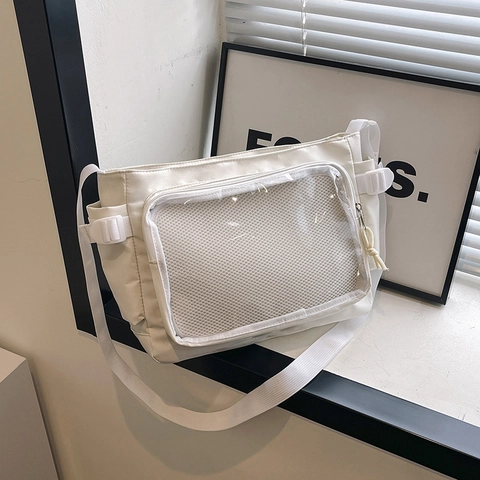 Nylon Large Capacity Ita Bag With Clear Window Women Minimalist Messenger Shoulder Bag Preppy Style School Tote Bag