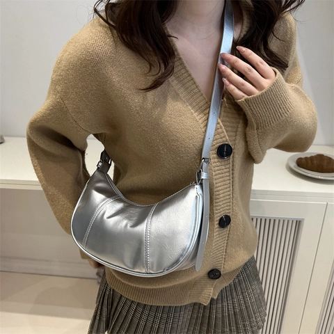 Bolso de Axila de Media Luna de Cuero PU Vintage para Mujer Acabado Metálico Brillante Bolso Hobo Pequeño Ajustable