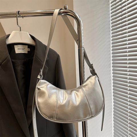 Bolso de Axila de Media Luna de Cuero PU Vintage para Mujer Acabado Metálico Brillante Bolso Hobo Pequeño Ajustable