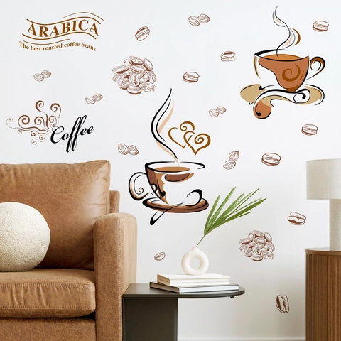 Coffee Cup Wall Sticker PVC Self Adhesive Removable Kitchen Dining Room Cafe Background Decor Arabica Theme