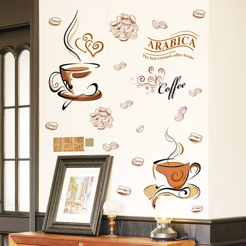 Coffee Cup Wall Sticker PVC Self Adhesive Removable Kitchen Dining Room Cafe Background Decor Arabica Theme