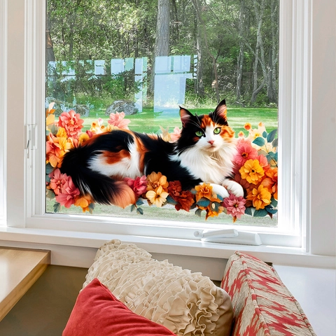 Cute Calico Cat Floral Static Window Cling PVC Double Sided Glass Decal Home Decor Reusable Non Adhesive Sticker