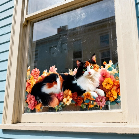 Cute Calico Cat Floral Static Window Cling PVC Double Sided Glass Decal Home Decor Reusable Non Adhesive Sticker
