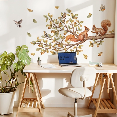 Watercolor Squirrel And Bird Wall Stickers PVC Removable Self Adhesive Tree Branch Oak Leaf Mural Decals For Living Room